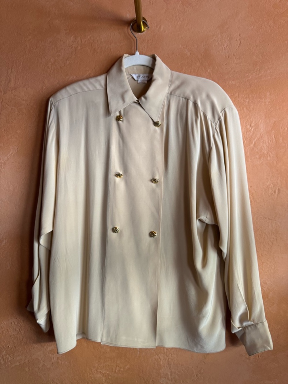 St John Silk Blouse Double Breasted Gold Button Minimalist Quiet Luxury Top